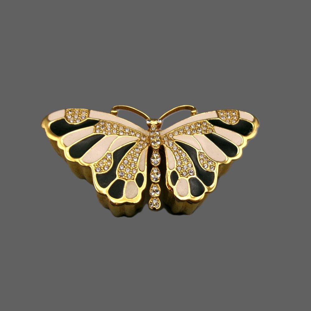 KJL Butterfly Brooch and Trinket Box, Golden Tan Black Enamel & Crystals, Vtg